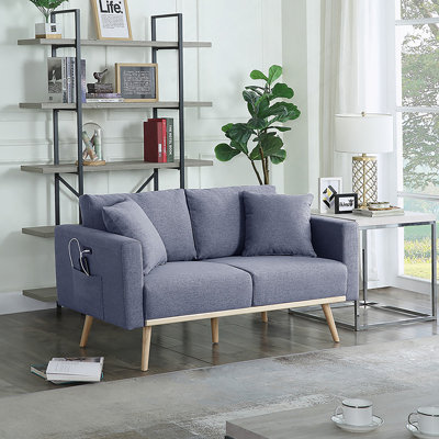 Causeuse 56,5 po en tissu de lin gris foncé avec poches de chargement USB et coussins