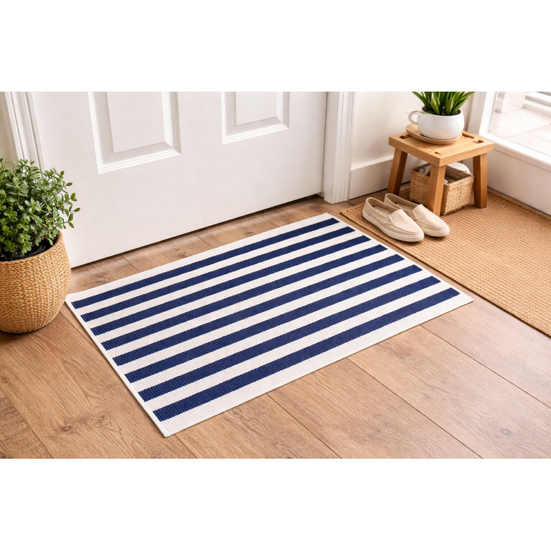 Cotton Blend Woven Classic Striped Area Rug 24" W X 36" L, Navy Blue