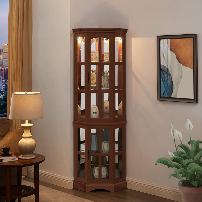 Lighted Corner Curio Cabinet with Adjustable Shelves, Brown