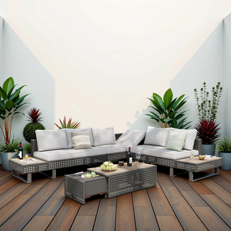 6-Person Diamond Woven Patio Combo Furniture Set With Extendable Coffee Table, Ice Bucket, Folding Seats With Side Table And Deep Cushion