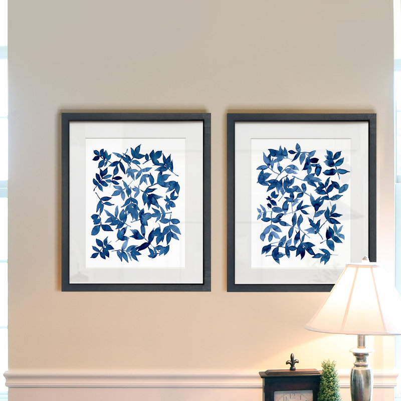 Feuilles mortes Indigo-ensemble de 2 reproductions d’art sur papier encadrée