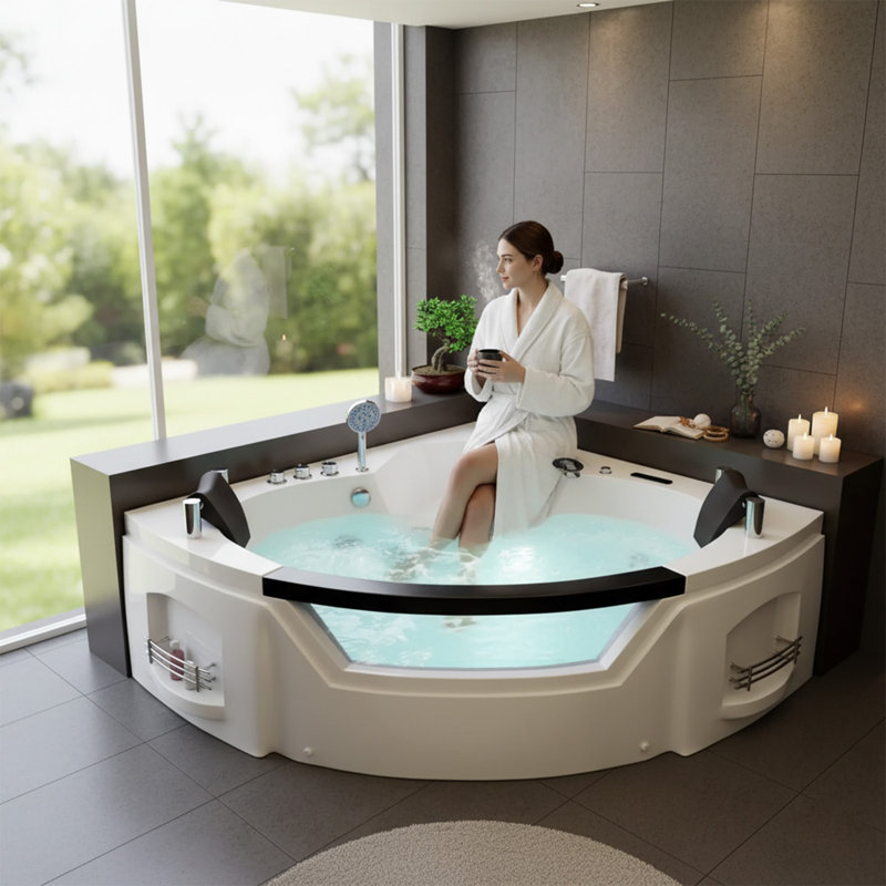61'' x 61'' Corner Whirlpool Plastic / Acrylic Bathtub with Faucet