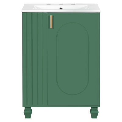 Meuble-lavabo de 24 pouces avec lavabo facile à nettoyer, porte à fermeture douce, rangement latéral ouvert, pieds en bois massif compatibles avec robinet de 8 po, armoire