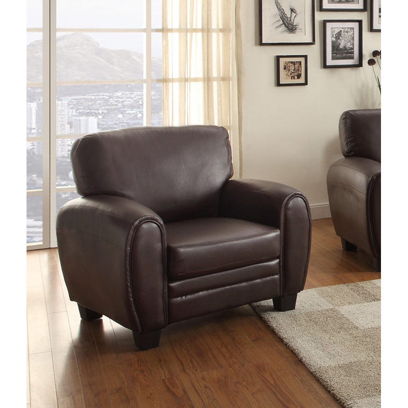 Fauteuil en similicuir brun foncé, monobloc, style club contemporain, coussins rembourrés en mousse, structure en bois massif, style rétro