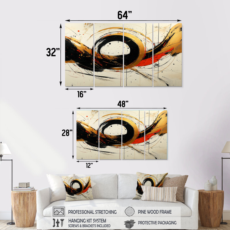 Abstrait, cercles abstraits dans des tons rouges et dorés I - Formes abstraites, ensemble d'art sur toile, H 28 po x l 48 po