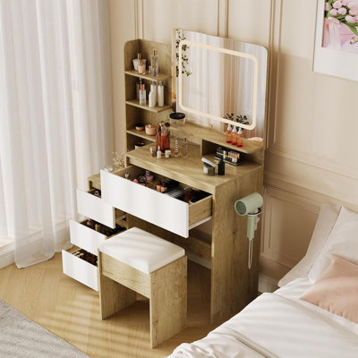 Makeup Vanity Desk with LED Mirror, Drawers, Power Outlet & Stool, Dressing Table for Bedroom