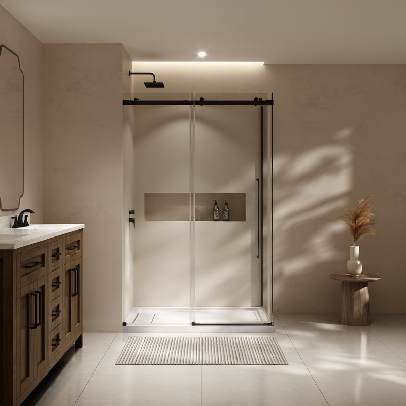 Ensemble de douche coulissante avec porte et base 48 po x 32 po Selby - Noir, H 76,77 po x l 47,99 po x P 32,01 po, Noir mat