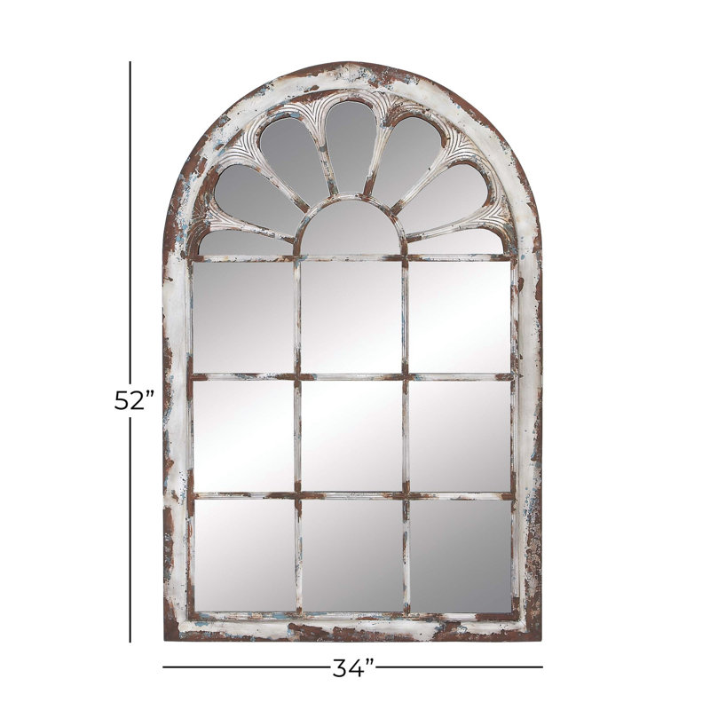White Distressed Wood Arched Windowpane Wall Mirror