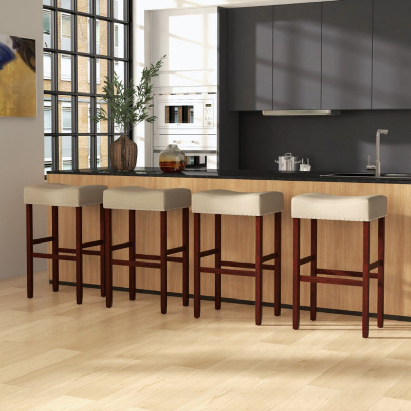 Set of 2 Bar Stool with Curved Seat Cushions, Bar Stool (29.5" Seat Height)