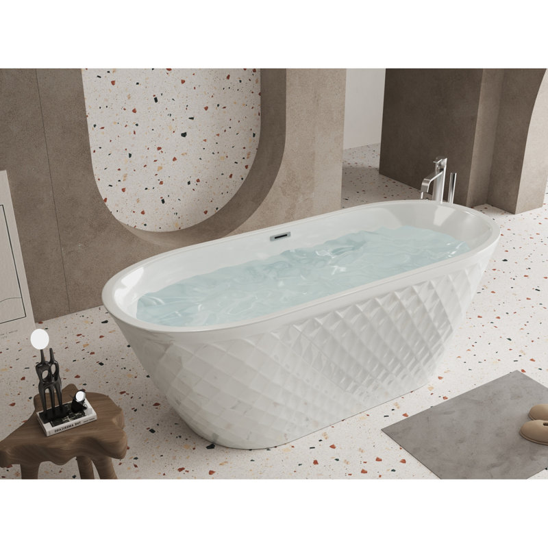 59 - 61 Inches Acrylic Freestanding Bathtub, Oval Shape, Gloss White Polished Finish, Center Drain, Contemporary Soaking Tub, Double Wall Insulation, Effortless Installation, Modern Luxurious Design,