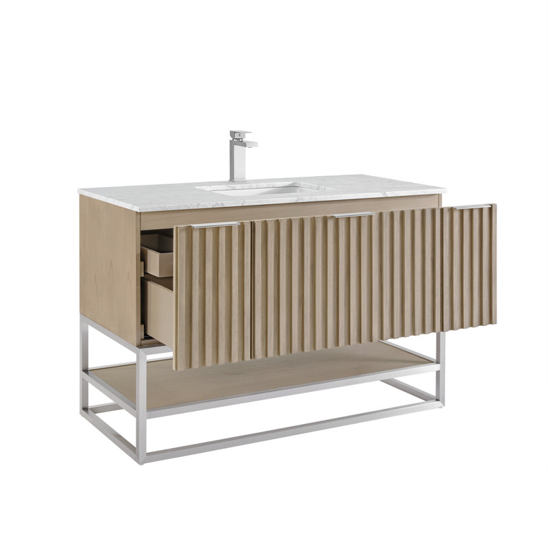 Terra 48'' Single Bathroom Vanity with Top, Carrara Marble/Single Faucet Mount, Cashmere Gray, Brushed Nickel
