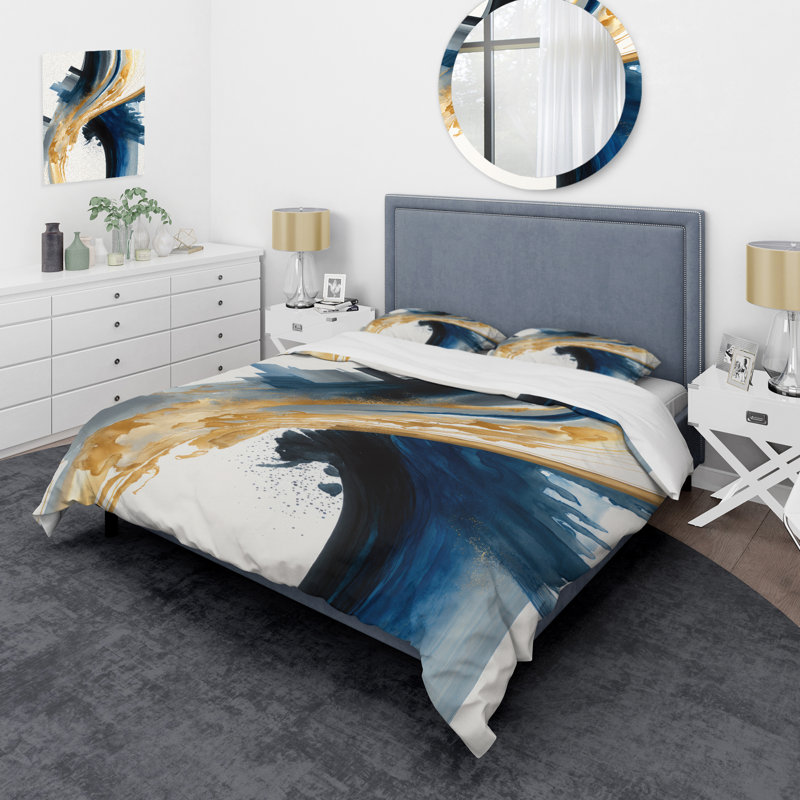 Bleu et or tourbillon abstrait I - ensemble de housse de couette spirale moderne - polyester microfibre