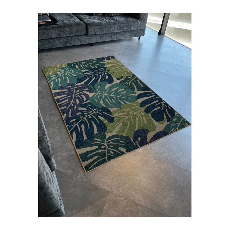 Tapis bleu-vert à motif floral et feuille, Sous-tapis rectangulaire de 3 pi 3 po x 4 pi 11 po