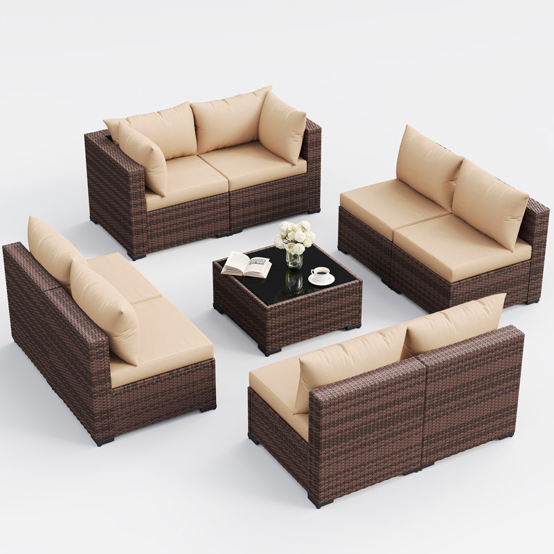 Ensemble de conversation modulaire en rotin 9 pièces avec coussins 9 pièces, Beige