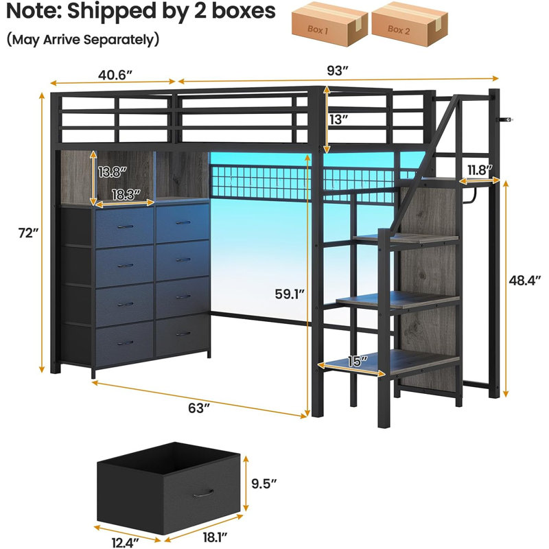 Twin Size Metal Loft Bed With Stairs, 8 Storage Drawers, Led Loft Bed With Storage Stairs, Gray