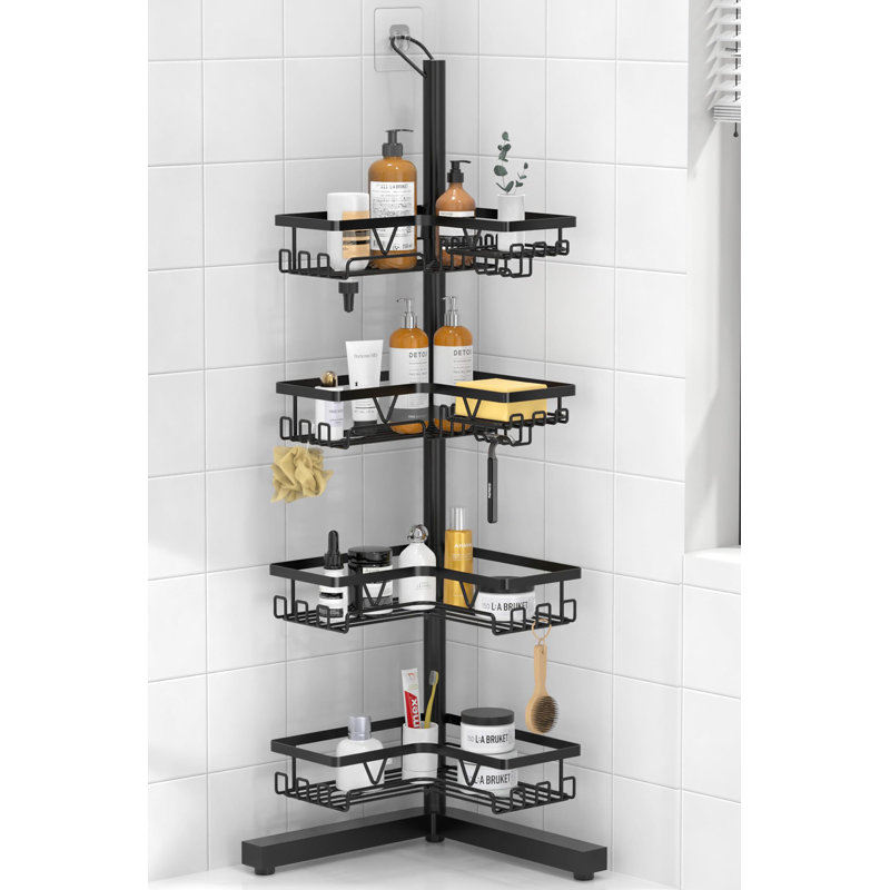 Support de rangement de douche de coin - Support de rangement pour salle de bain à 4 niveaux avec crochets et porte-savon, support de salle de bain autoportant, noir