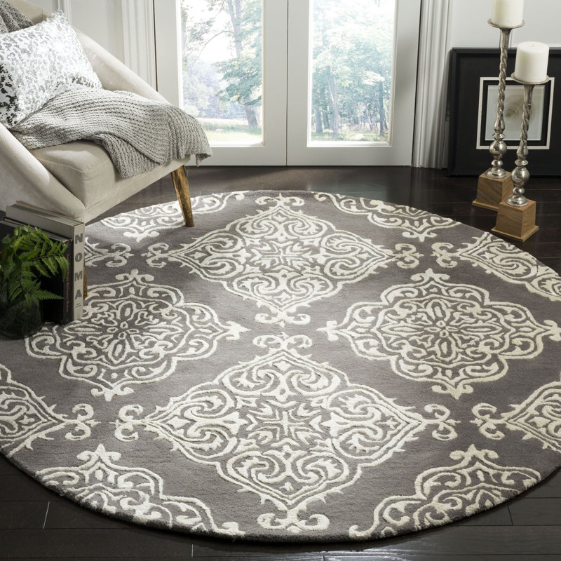 Bernon Hand Tufted Viscose/Wool Ikat Rug in Dark Gray, Round 6'