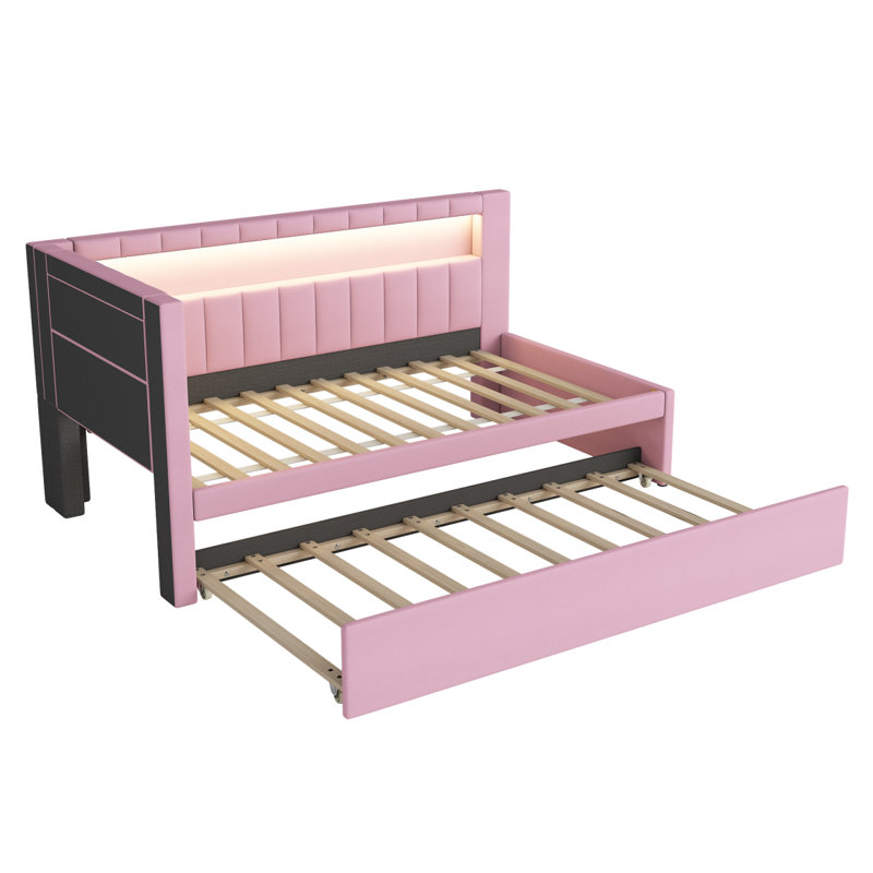 Lit plateforme tapissier simple avec ports USB et ceinture à DEL, avec lit gigogne, rose, Rose