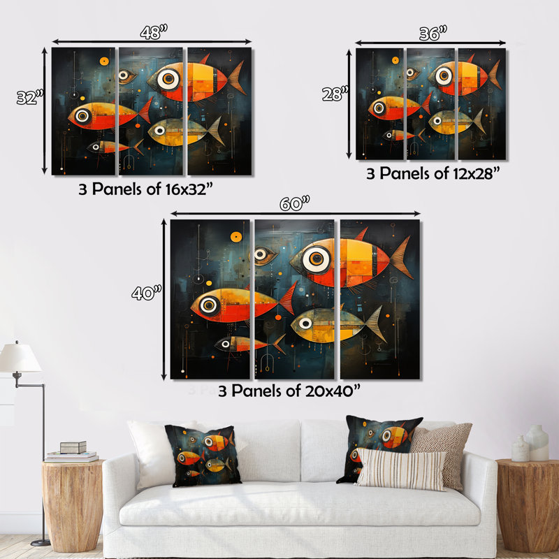 «Minimalisme poisson collages III» sur toile, reproduction de 3 pièces, H 28 po x l 36 po x P 1 po