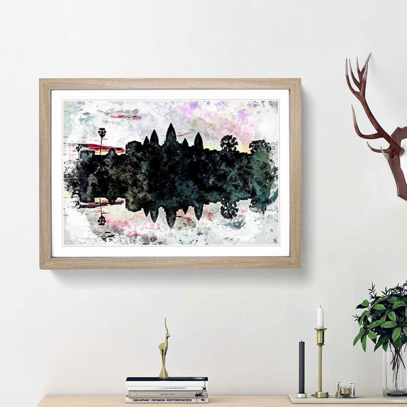 Angkor Wat in Cambodia in Abstract - Picture Frame Painting Print, 62cm H x 87cm W x 2cm D, Oak Framed