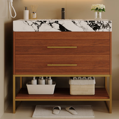 Meuble-lavabo autoportant moderne de 29,9 po avec lavabo sous comptoir en céramique frittée et tablette inférieure pour les petites salles de bain, appartement