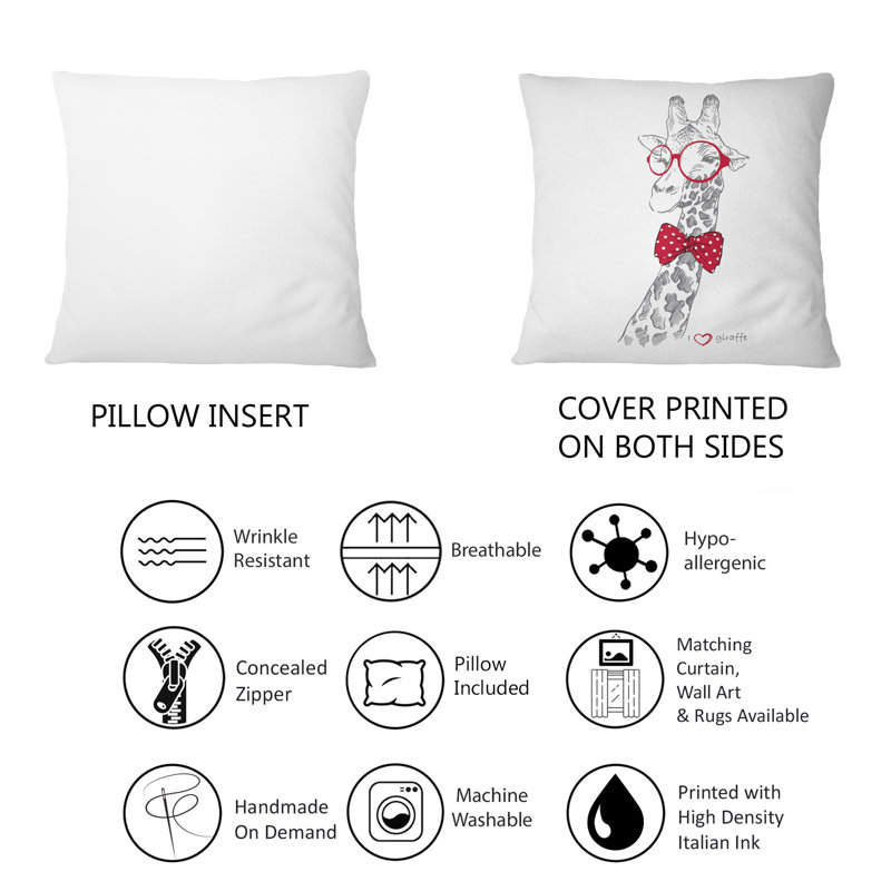 Girafe dans des verres ronds rouges - Coussin décoratif imprimé à la main, 18 po x 18 po