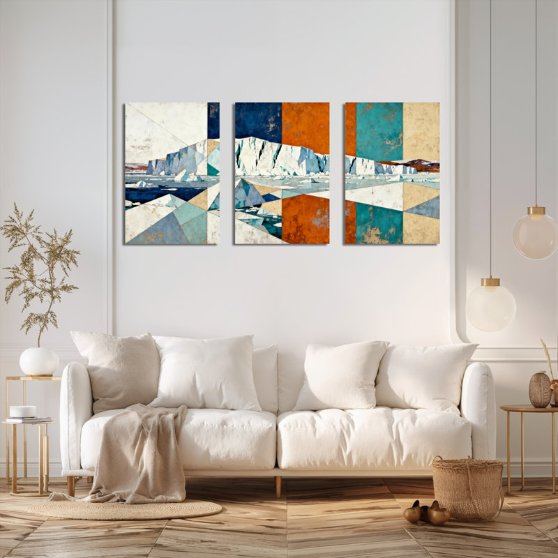 Tableau abstrait géométrique de paysage glaciaire sur toile tendue (ensemble de 3), H 30 po x l 60 po