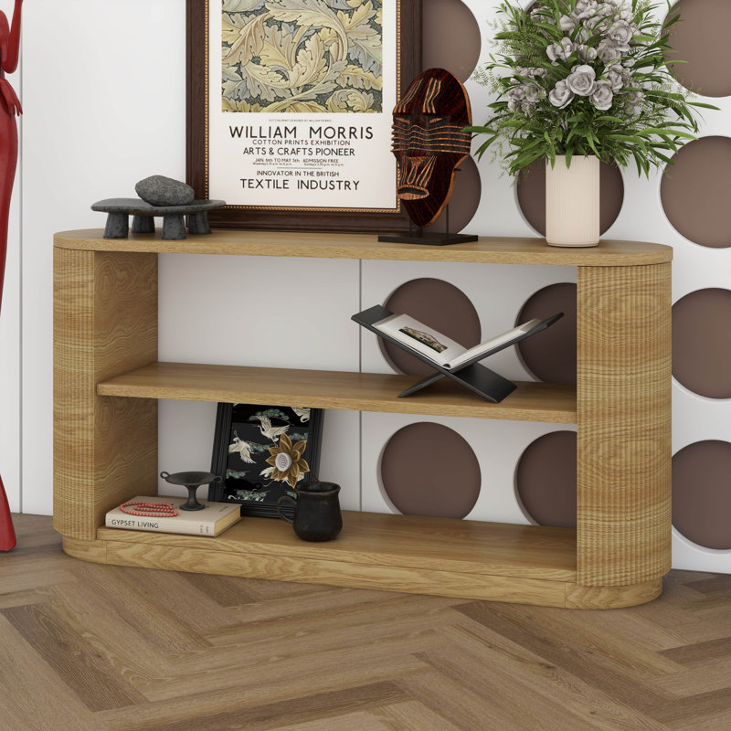 Table de canapé avec tablette ouverte et finition grain de bois, console d'entrée moderne, design polyvalent et peu encombrant
