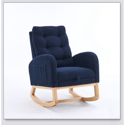 Comfortable High-Back Rocking Chair with Footrest and Storage Pocket, for Nursery and Living Room Relaxation, Solid Rubber Wood Base