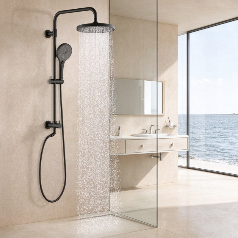 Barre de douche murale ronde à 1 jet avec douchette à main, débit de 1,8 GPM, noir mat