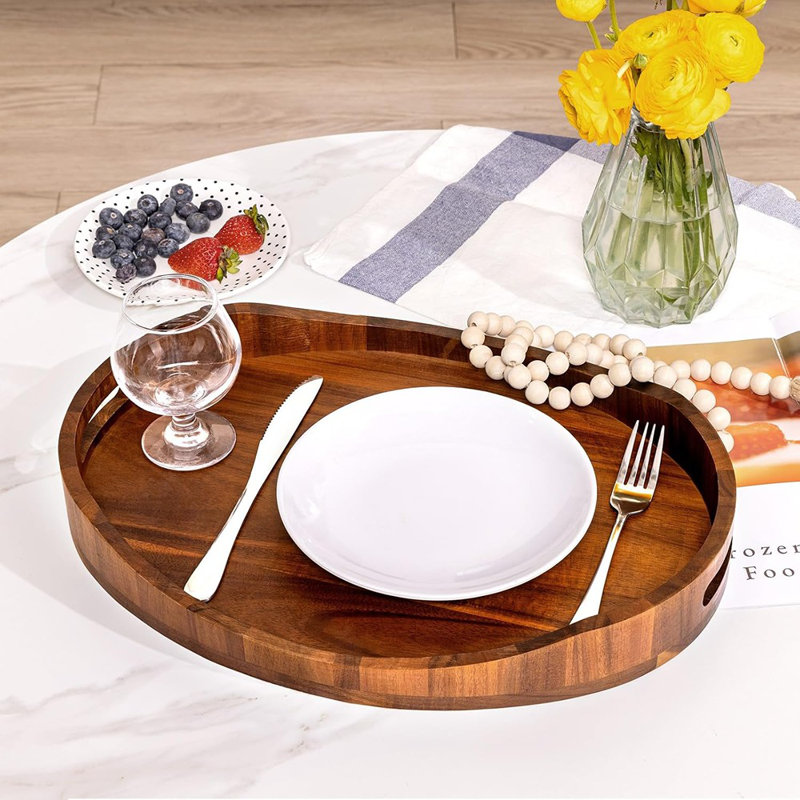Wood Serving Tray With Handles, Decorative Tray For Coffee Table, Ottoman, Breakfast In Bed, And Home Decor