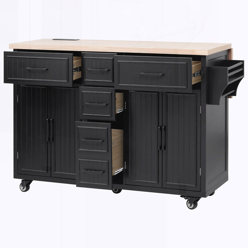 Kitchen Island with Drop Leaf, Power Outlet, Black