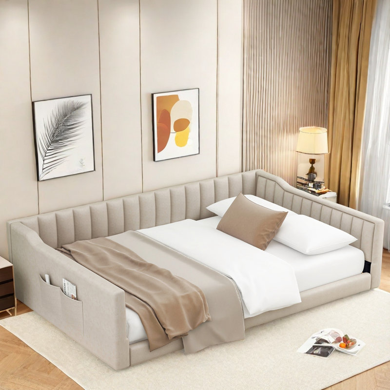 Lit de jour rembourré avec poches de rangement latérales et rayures verticales, Double XL, Beige