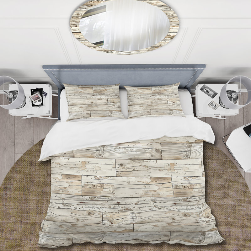 Ensemble de housse de couette en bois de grange beige I, Housse de couette pour grand lit + 2 taies décora