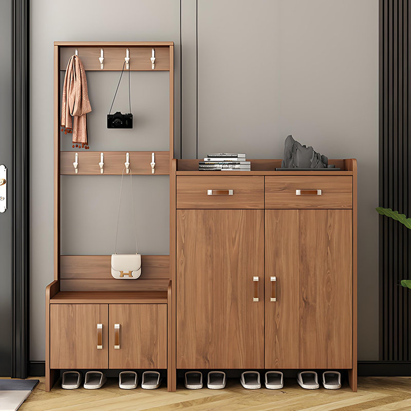 Meuble à chaussures d'entrée tout-en-un 65,55 "avec finition noyer avec banc et support à vêtements, rangement multifonctionnel pour vestibule