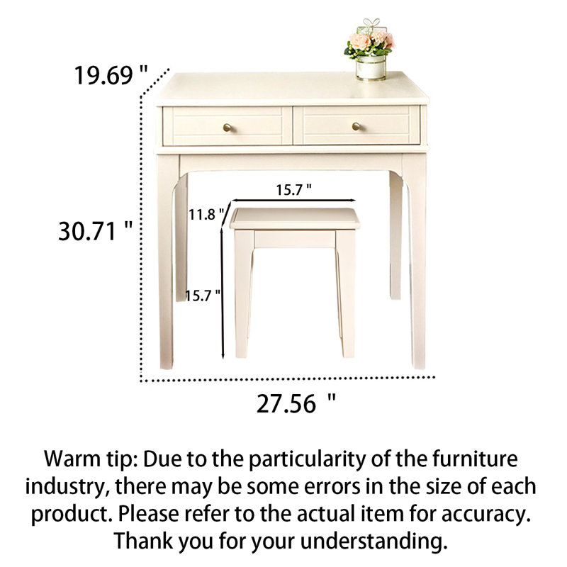 Cream White Vanity Table Set With Two Drawers And Matching Stool