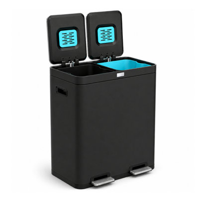 Poubelle de cuisine et de recyclage en acier inoxydable 16 gallons avec contrôle des odeurs CleanAura et couvercles à fermeture en douceur Home Zone Living