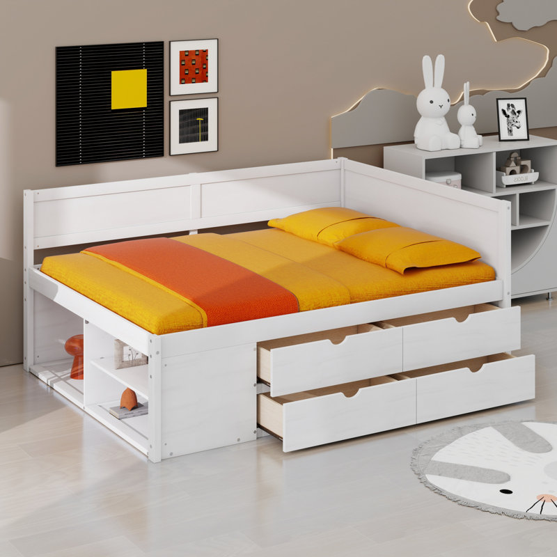 Lit de jour peu encombrant avec tiroirs et tablettes, White