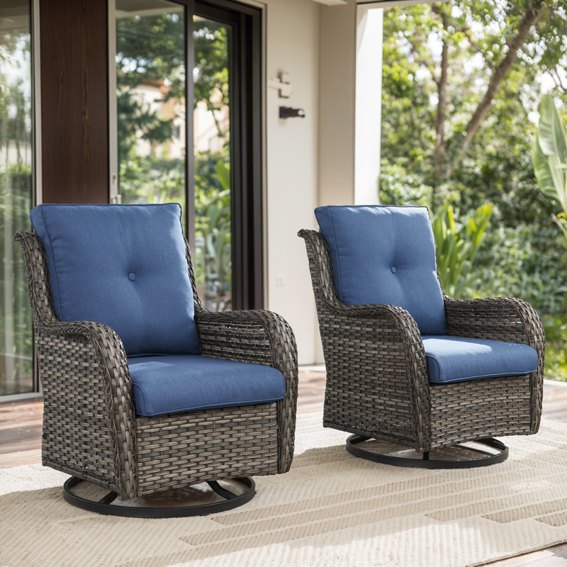 Ensemble de fauteuil oscillant pivotant en osier Wendye avec coussins en oléfine résistants à l'eau, Bleu, Gris