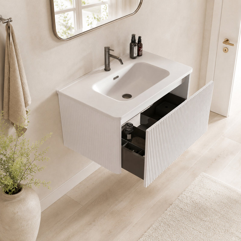 Meuble-lavabo suspendu de 76 cm (30 po) avec lavabo en surface solide blanche, armoire murale rayée blanc doux, lavabo monobloc, meuble-lavabo moderne préassemblé, bonde non incluse