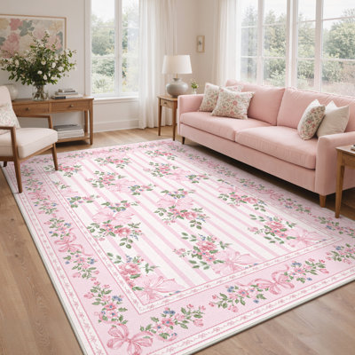 Bloomere Floral Machine Washable Blush Bow Indoor Area Rug With Non-Slip Backing