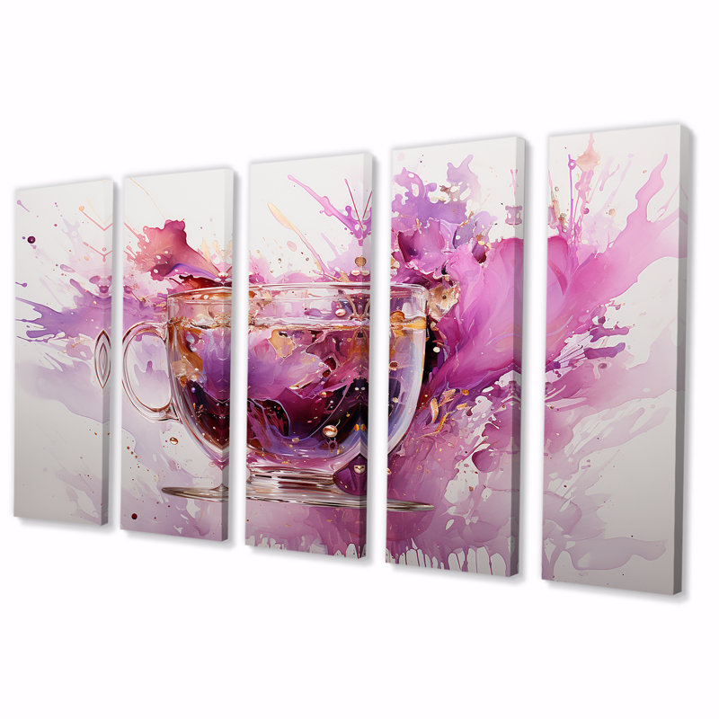 Vibrant mauve éclaboussures de vin - Vin, art mural sur toile 5 pièces, H 32 po x l 80 po