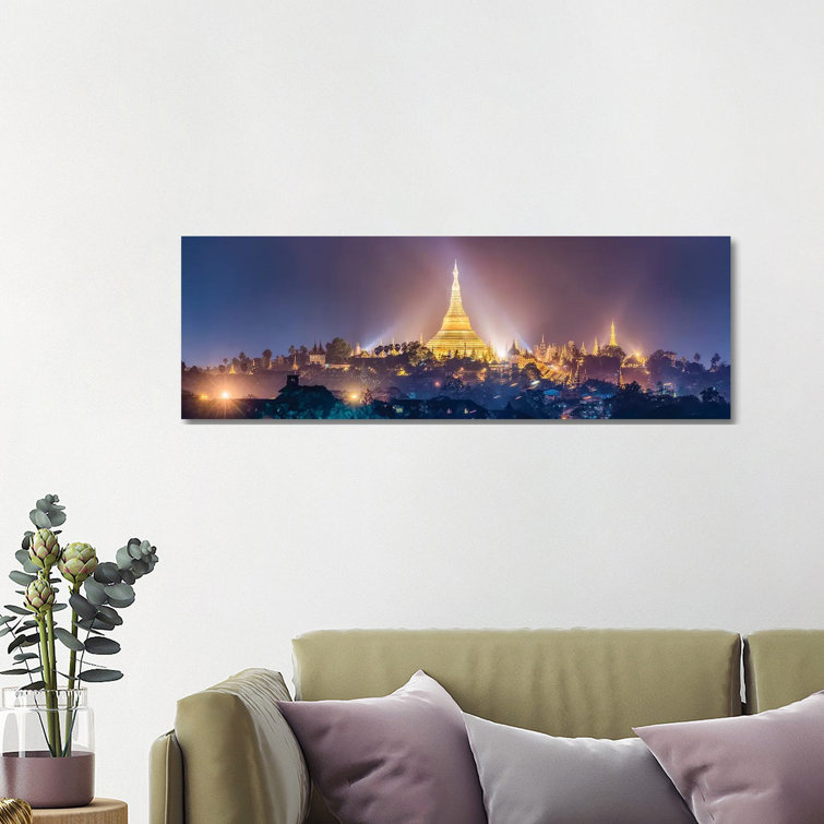 View Of The Golden Shwedagon Pagoda In Yangon At Night, Myanmar by Jan Becke - Wrapped Canvas Panoramic Print