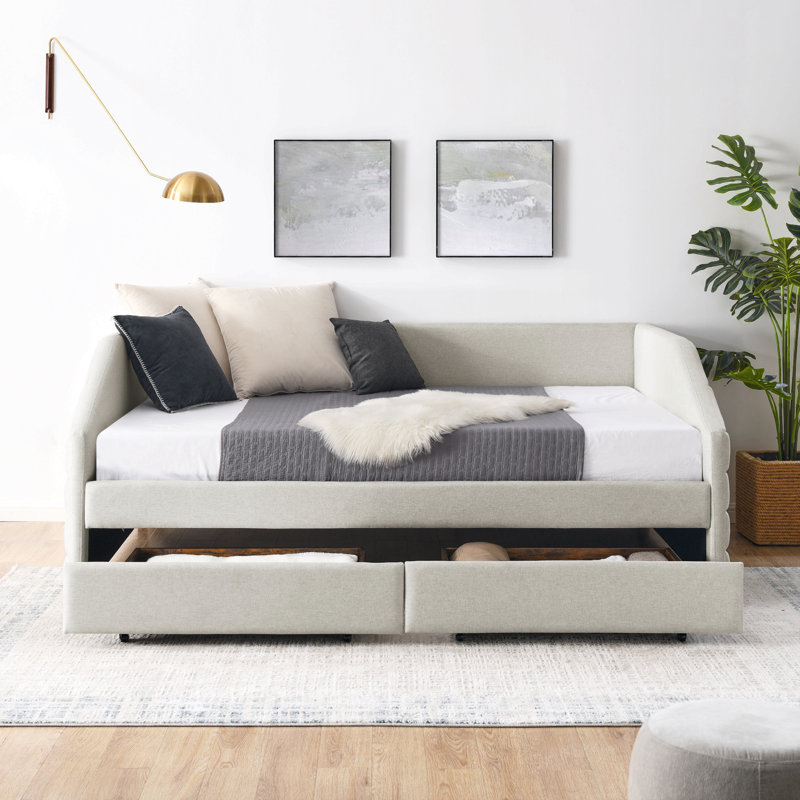 Armie Upholstered Daybed,with Two Drawers Trundle Upholstered Tufted Sofa Bed,Guest Bed, Queen, Beige