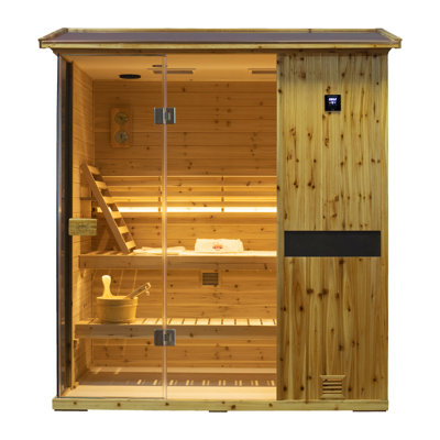 Samsora Outdoor Traditional Steam Sauna For 3-Person 3800W, Mid-Infrared Lamp, 95℉-230℉, Old Fir Wood, Built-In Bluetooth Speaker, Includes Sauna Heater and Sauna Stone, Negative Ion Board