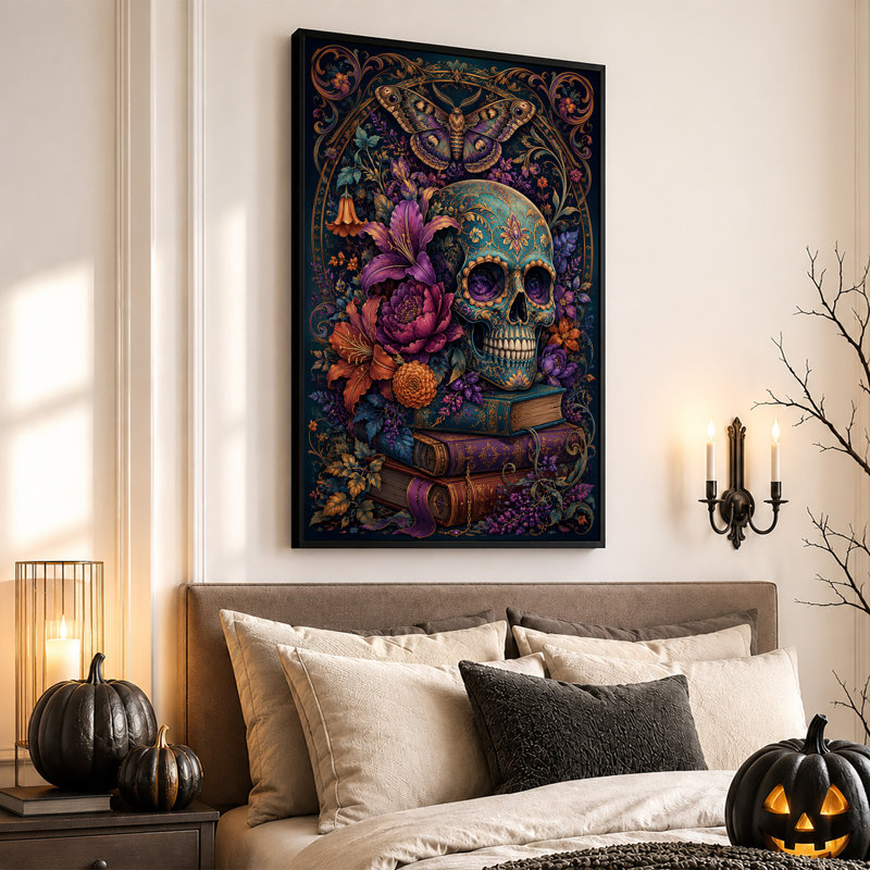 Ornement de crâne bleu sarcelle avec fleurs mauves et toile d'Halloween dorée, H 36 po x l 24 po
