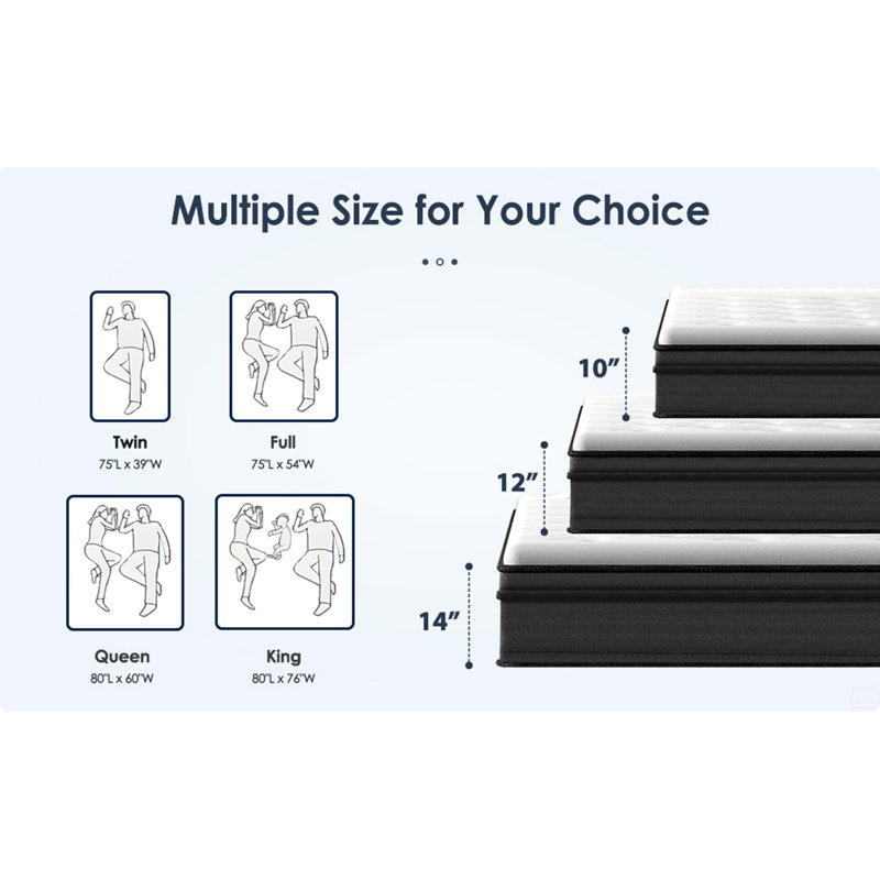 Queen Size Mattress,12 Inch Hybrid Mattress, Individually Pocketed Innerspring, Medium Firm