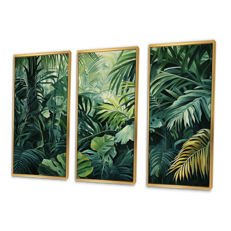 Jade, jungle épaisse, jungle de palmiers II, Cadre flottant doré, H 32 po x l 48 po