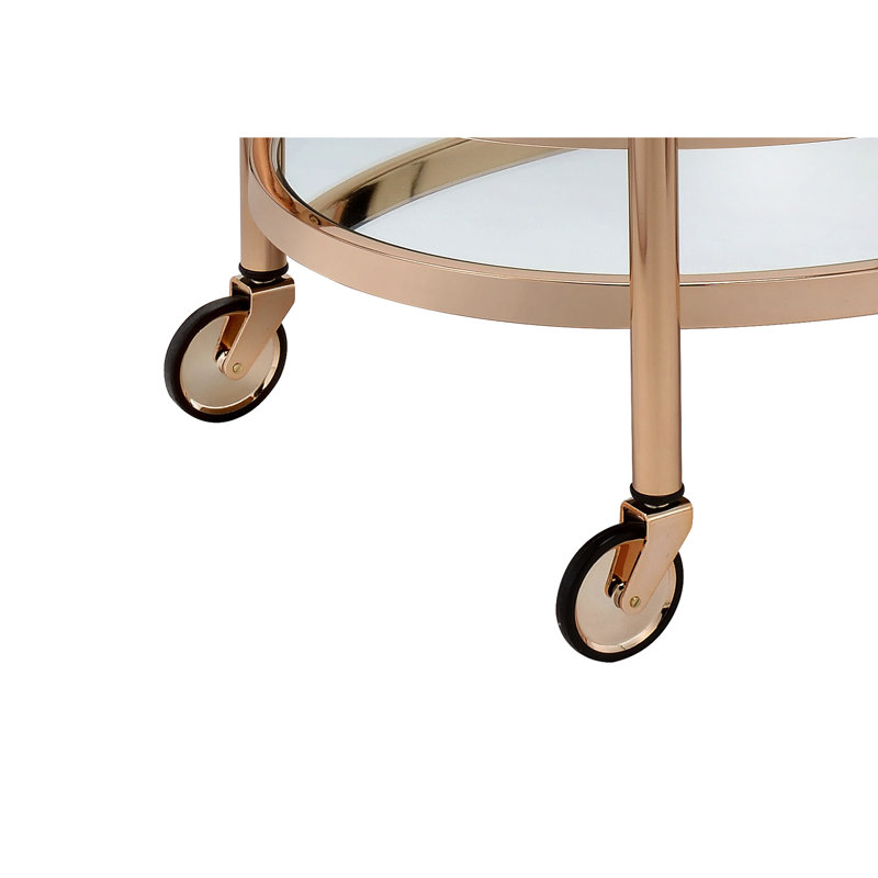 Chariot de service ovale en verre transparent et finition or rose, 2 tablettes de rangement ouvertes, tablette supérieure trempée de 5 mm, poignées en métal à base de miroir de 3 mm, roulettes, roues en plastique pour la conservation du sol,