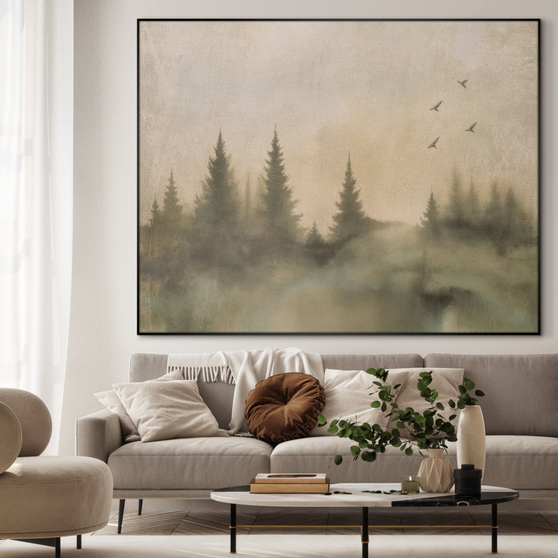 Très grande impression d'art mural vert forêt - Illustration abstraite de paysage naturel neutre pour le salon ou la chambre à coucher, assemblage de cadre requis (assemblage de cadre requis)